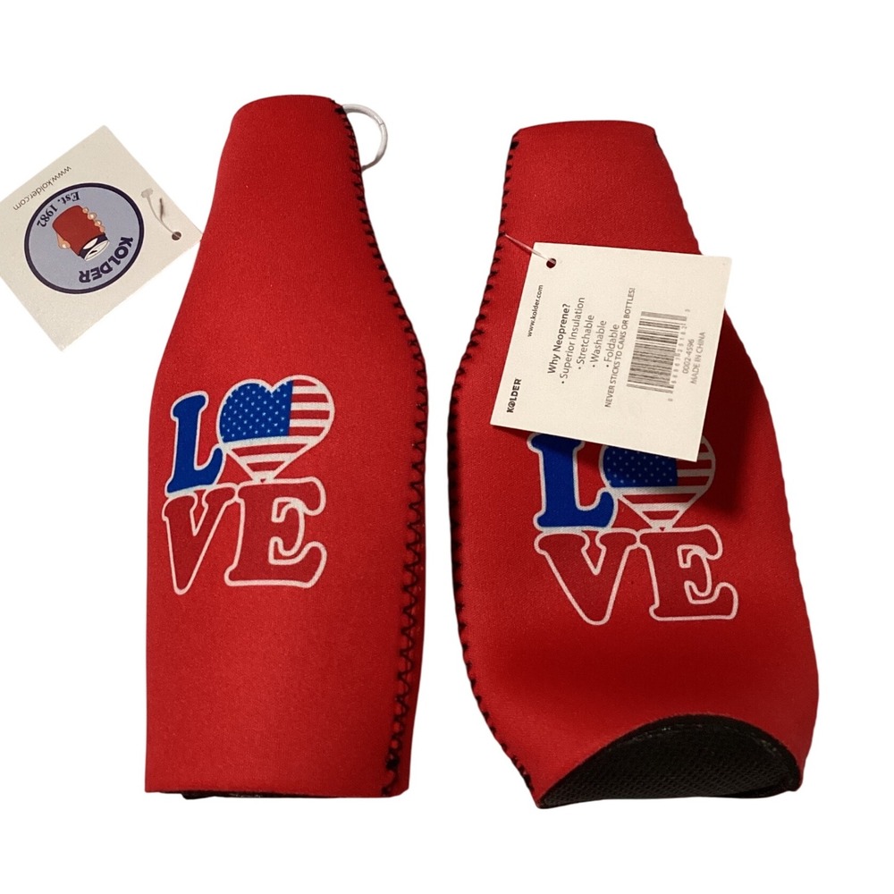 2- Kolder Bottle Koozie Neoprene‎ Red Patriotic Love Beer Can Cooler Sleeve